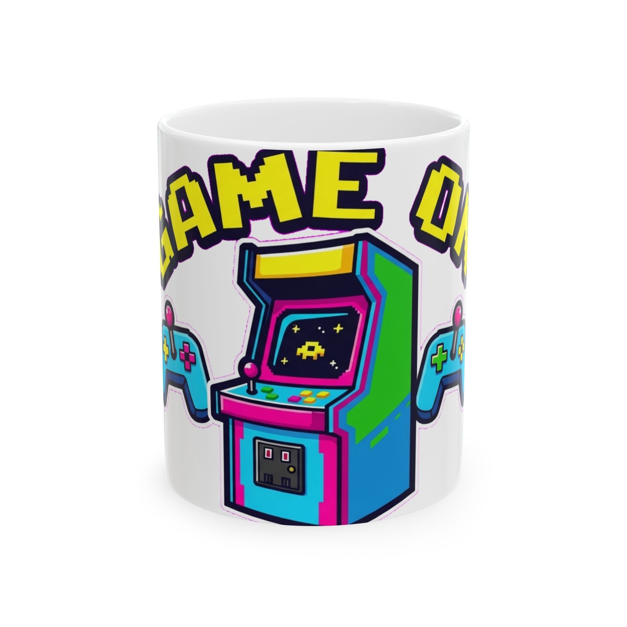 Retro Arcade Cabinet Neon Pixel Art Ceramic Mug | Gamer Coffee Cup