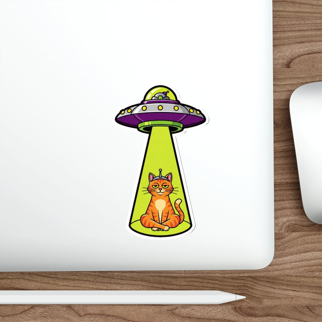 Funny Cat UFO Alien Sticker | Smug Orange Tabby Tractor Beam Decal