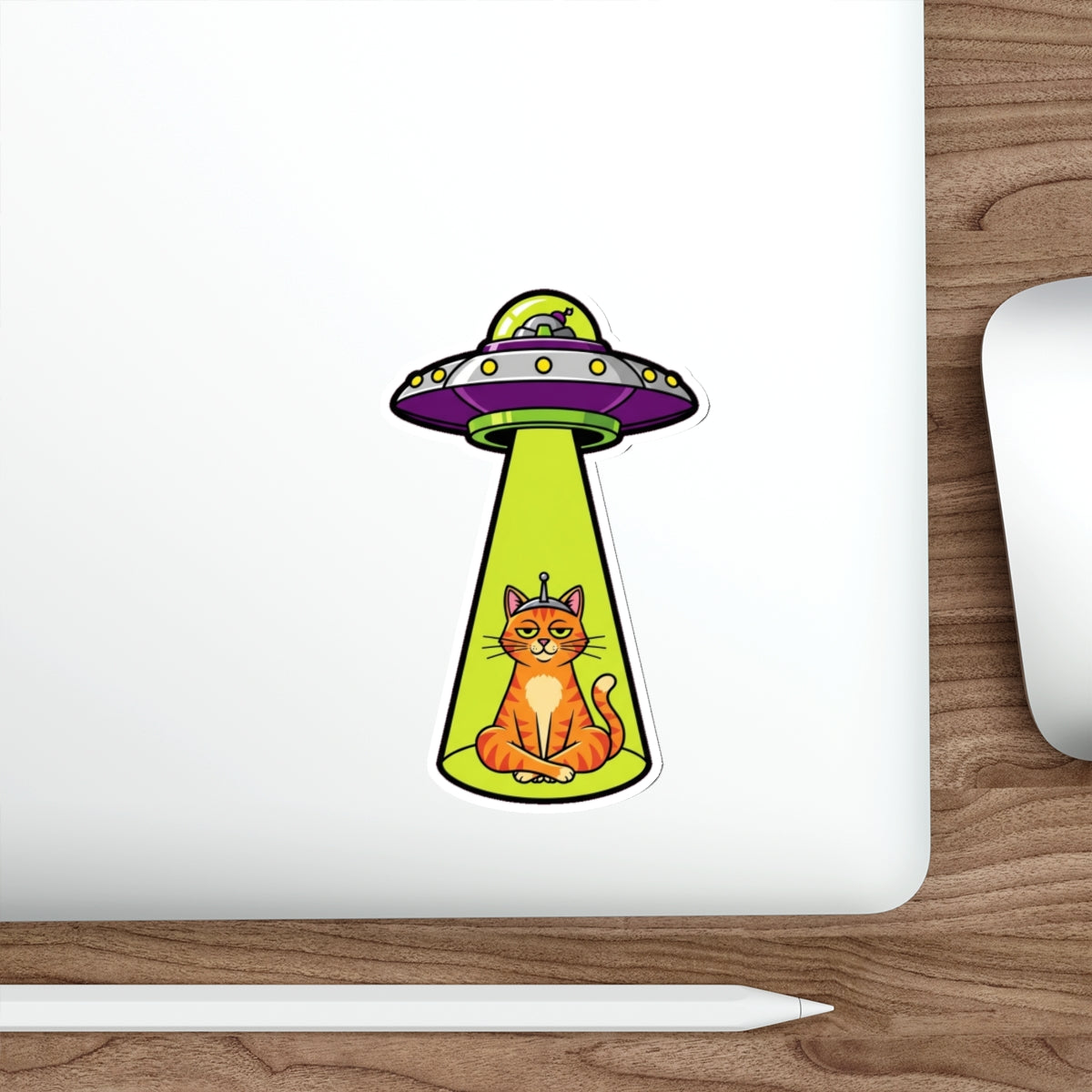 Funny Cat UFO Alien Sticker | Smug Orange Tabby Tractor Beam Decal