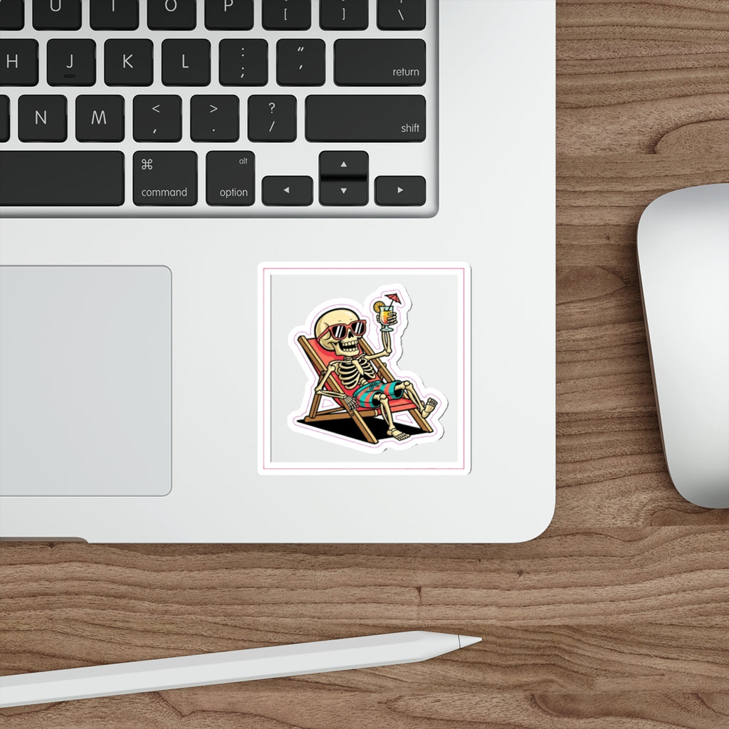 Beach Skeleton Humor Die-Cut Sticker | Retro Funny Summer Vinyl Decal