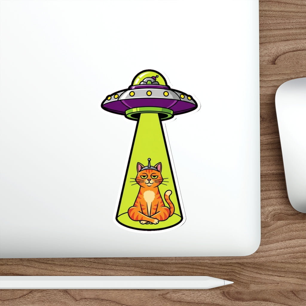 Funny Cat UFO Alien Sticker | Smug Orange Tabby Tractor Beam Decal