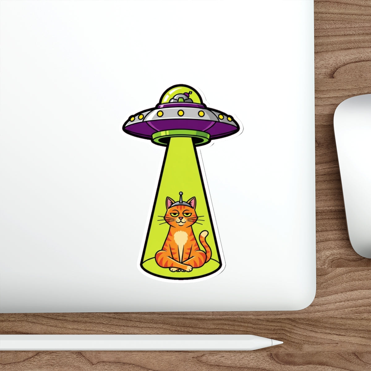 Funny Cat UFO Alien Sticker | Smug Orange Tabby Tractor Beam Decal