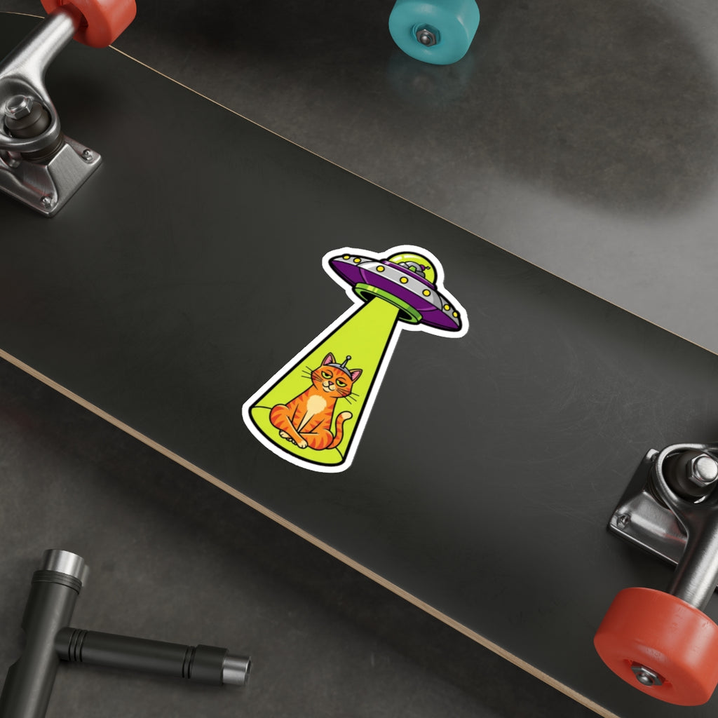 Funny Cat UFO Alien Sticker | Smug Orange Tabby Tractor Beam Decal