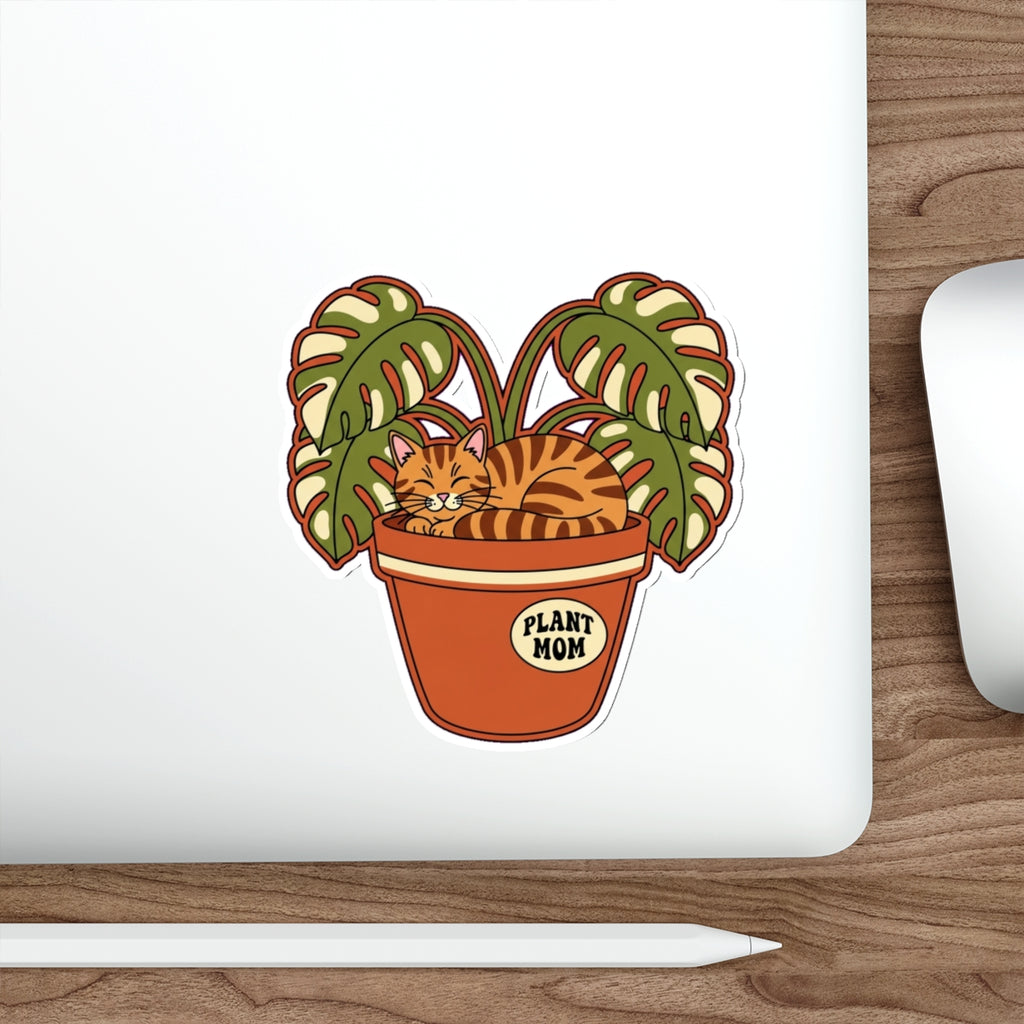 Plant Mom Cat Lady Sticker | Retro Botanical Tabby Cat in Pot Die-Cut