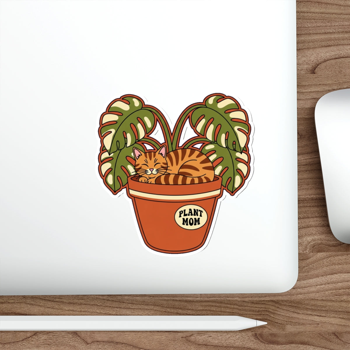 Plant Mom Cat Lady Sticker | Retro Botanical Tabby Cat in Pot Die-Cut