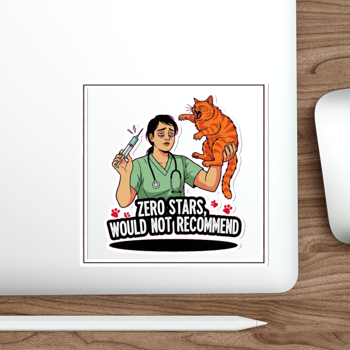 Vet Tech Dark Humor Sticker - Exhausted with Angry Cat - Funny Veterinary Gift