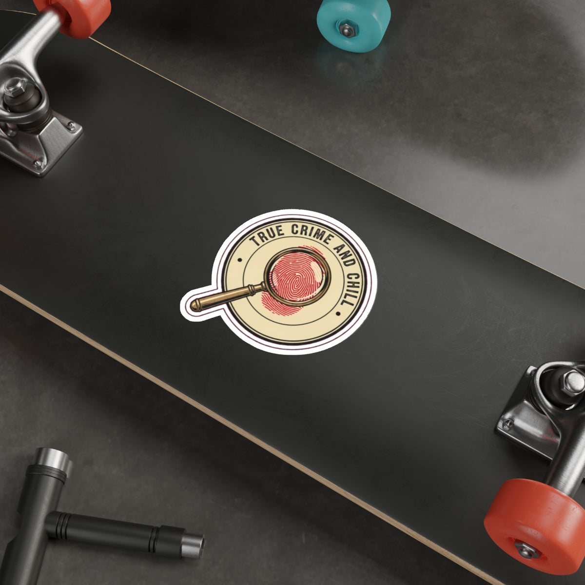 True Crime Junkie Retro Sticker | Magnifying Glass Badge Die-Cut | Murder Podcast Fan Gift