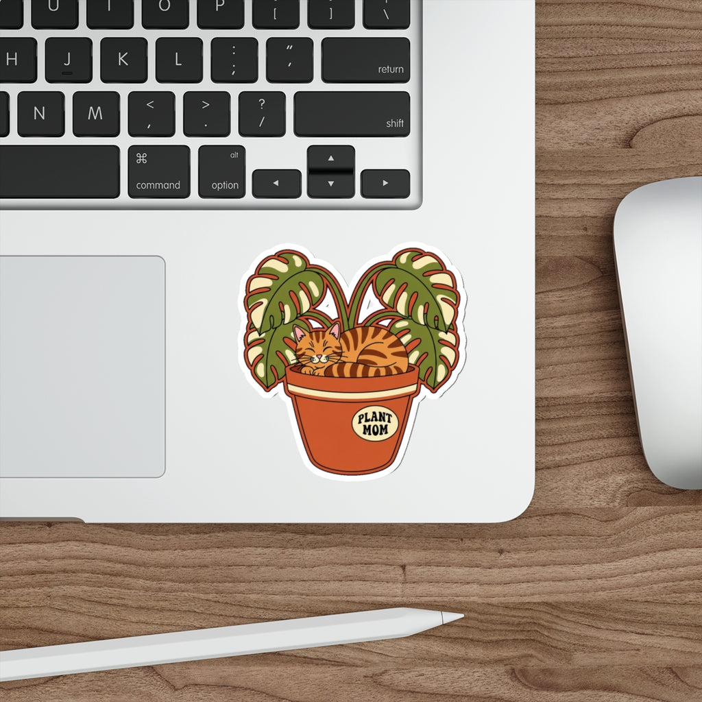 Plant Mom Cat Lady Sticker | Retro Botanical Tabby Cat in Pot Die-Cut