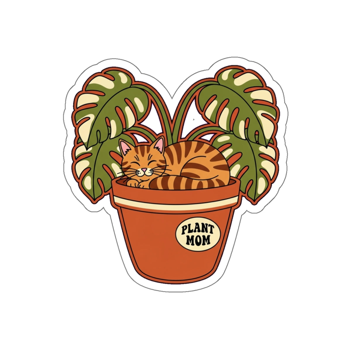Plant Mom Cat Lady Sticker | Retro Botanical Tabby Cat in Pot Die-Cut