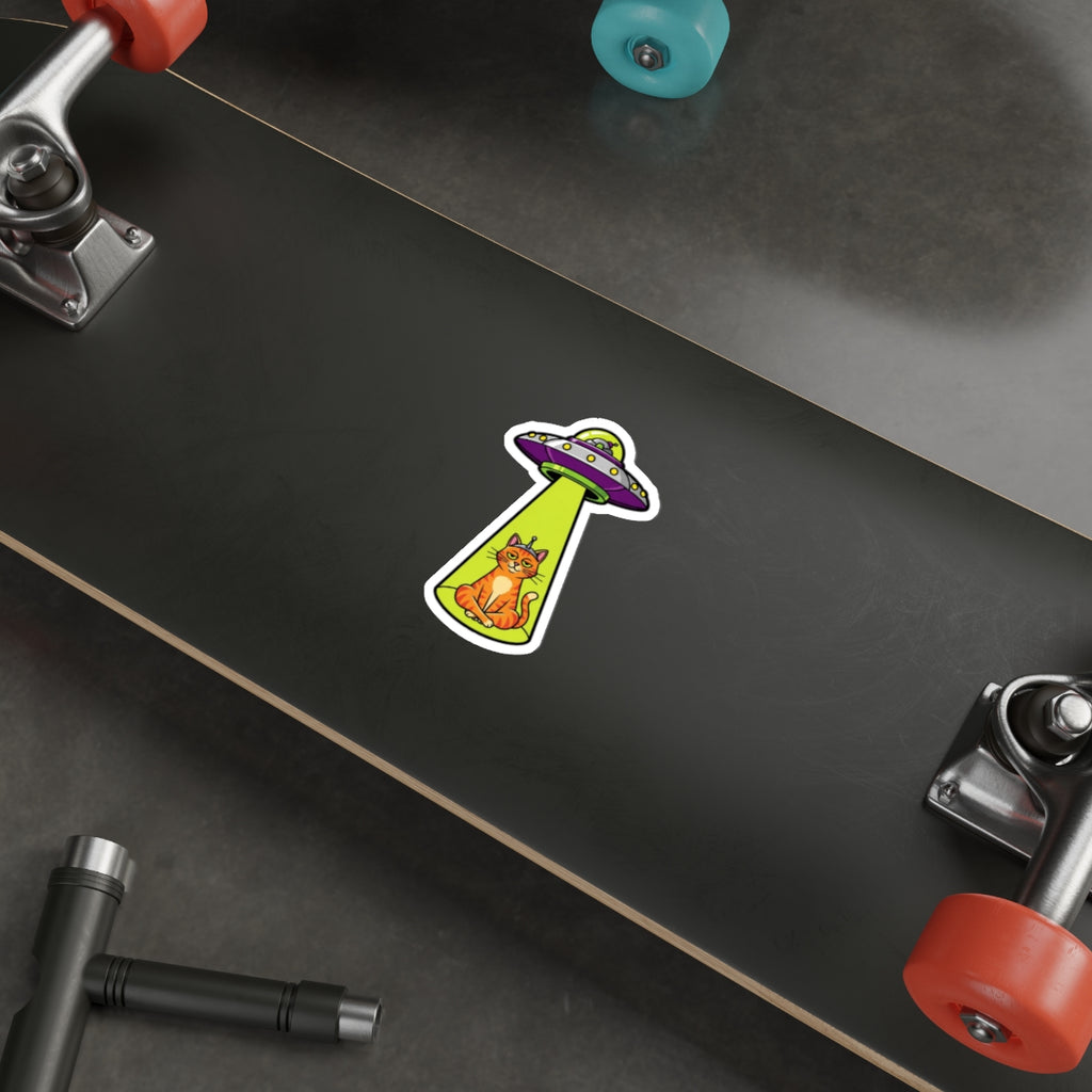 Funny Cat UFO Alien Sticker | Smug Orange Tabby Tractor Beam Decal