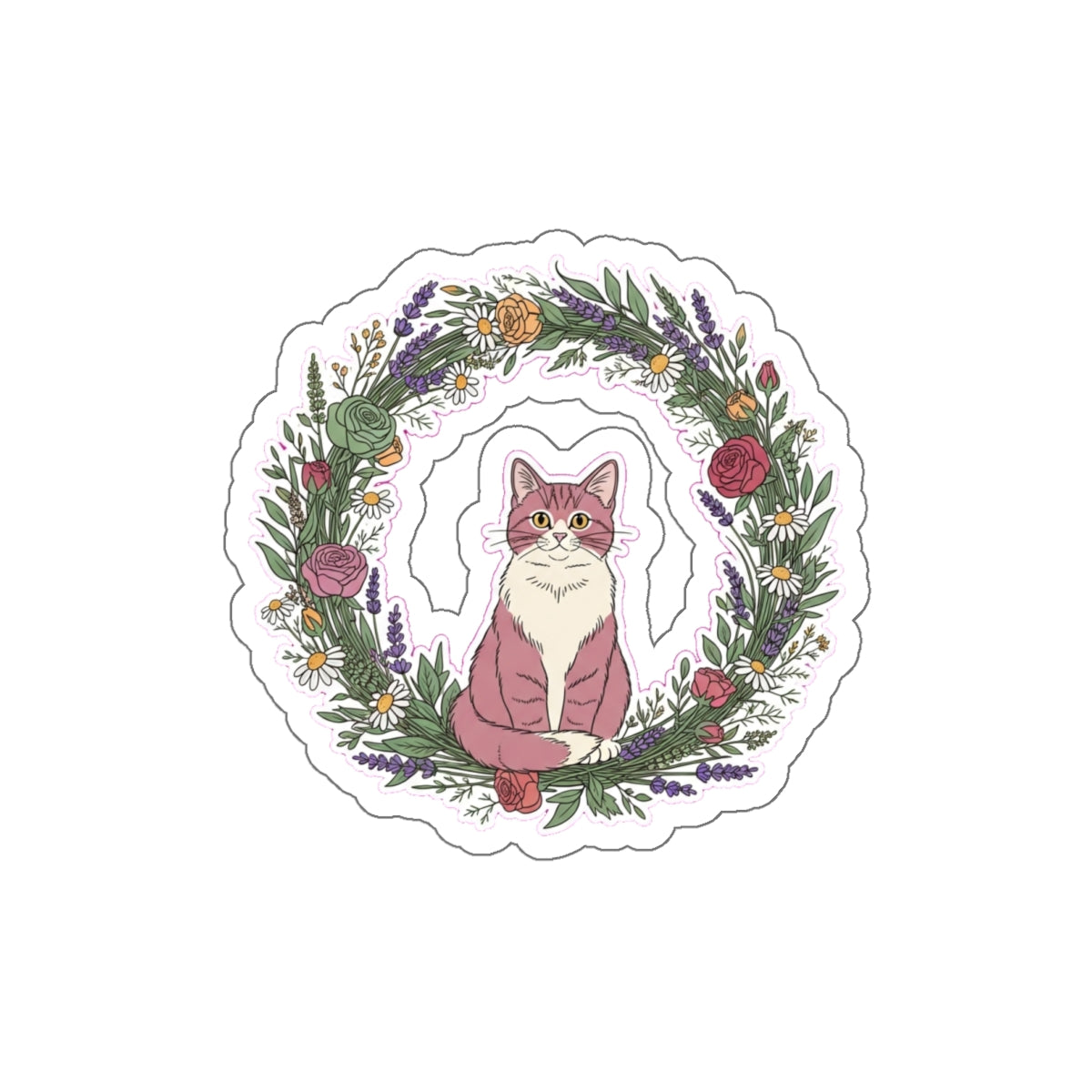 Cat Mom Floral Sticker | Cottagecore Wildflower Wreath Die-Cut Laptop Decal