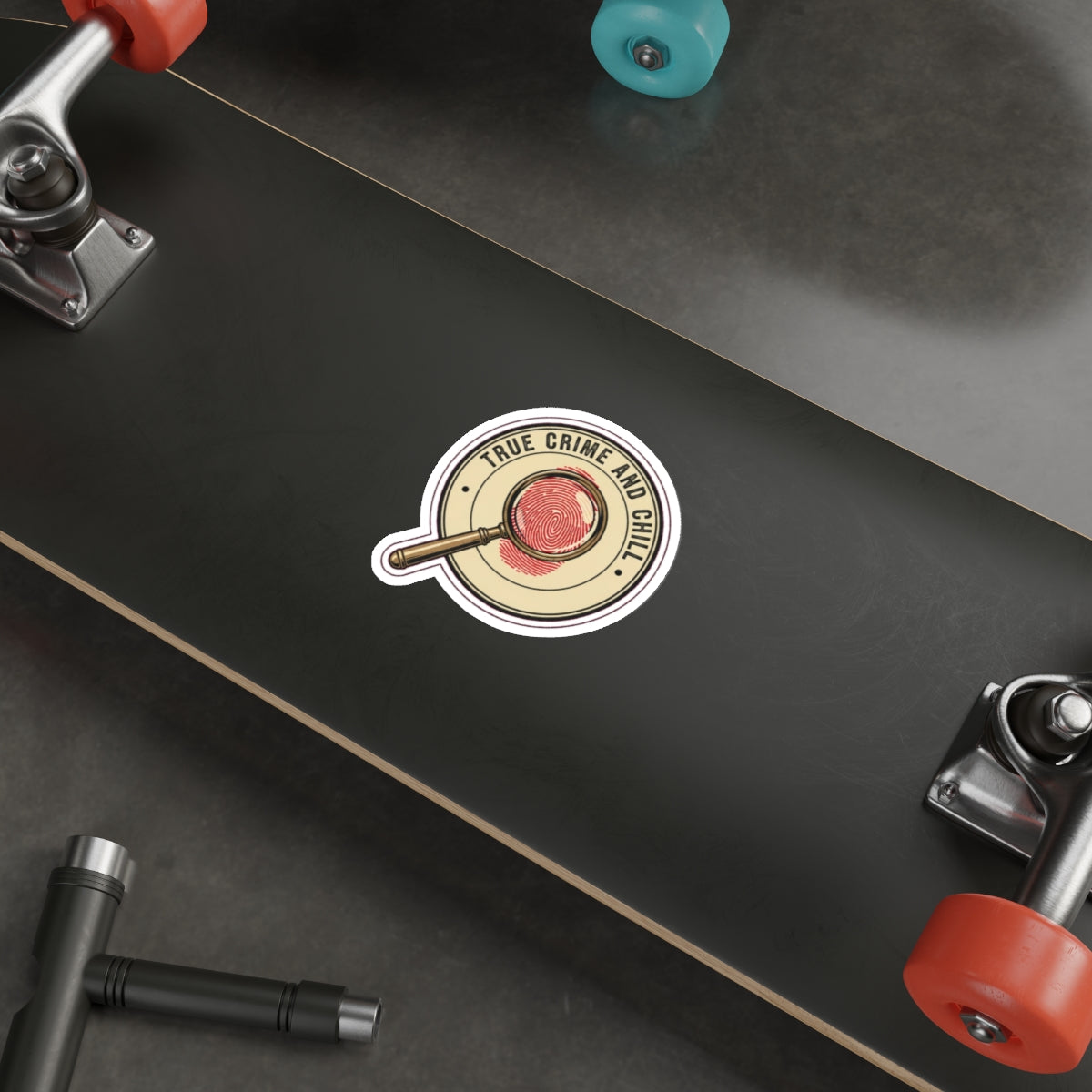 True Crime Junkie Retro Sticker | Magnifying Glass Badge Die-Cut | Murder Podcast Fan Gift