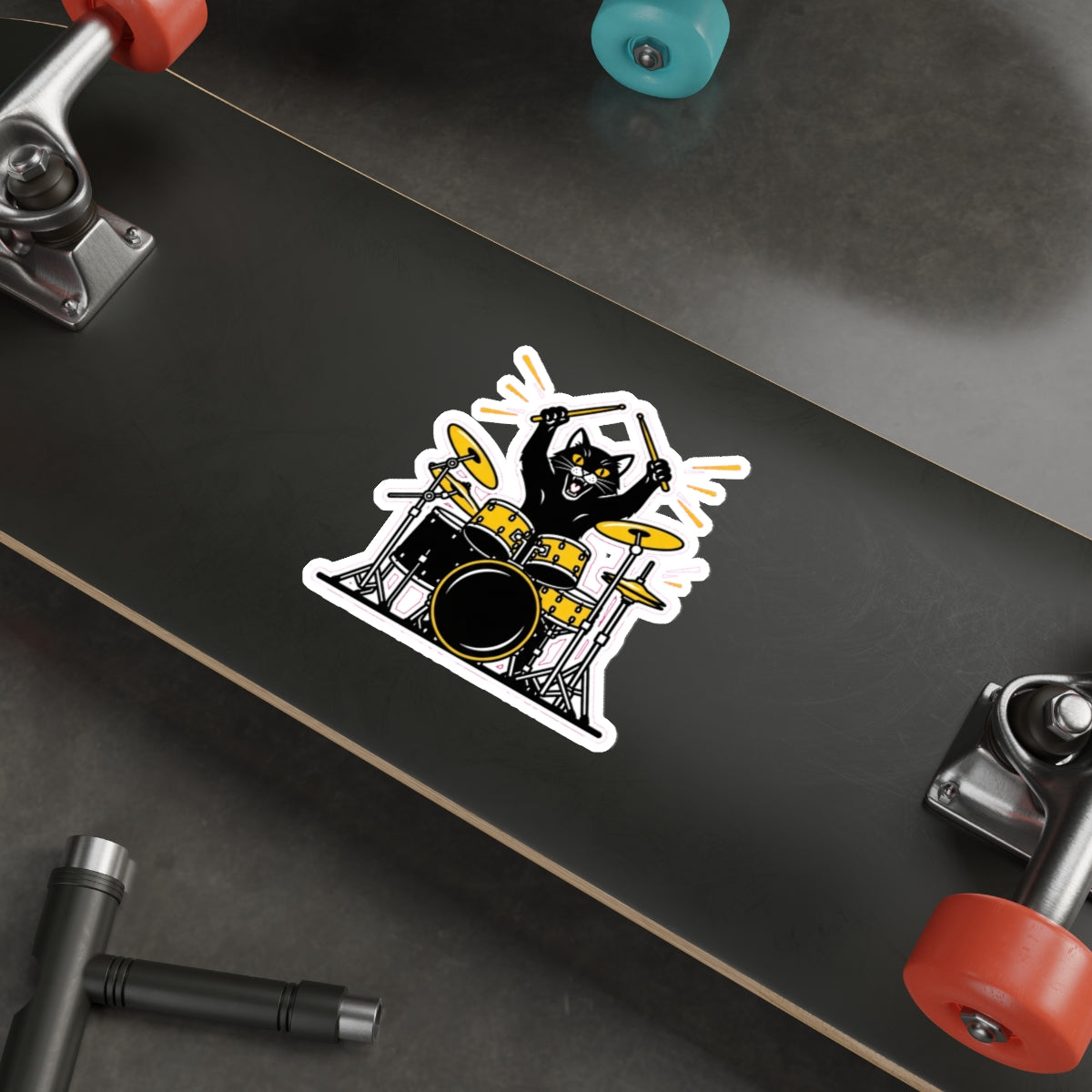 Black Cat Drummer Sticker | Rock Music Lovers & Drum Kit Enthusiasts