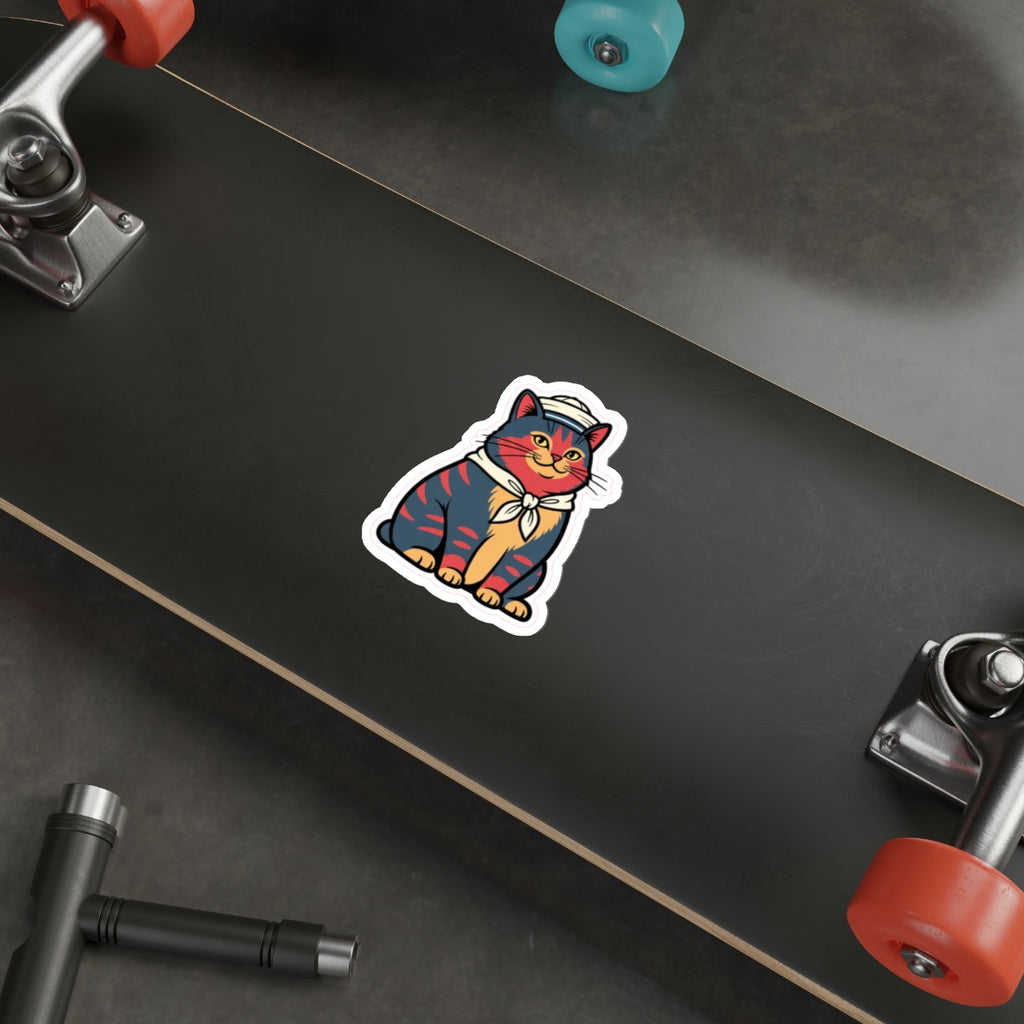 Sailor Cat Lady Die-Cut Sticker | Retro Nautical Cat Laptop Sticker