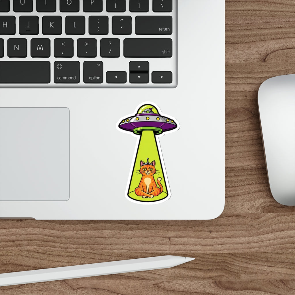 Funny Cat UFO Alien Sticker | Smug Orange Tabby Tractor Beam Decal