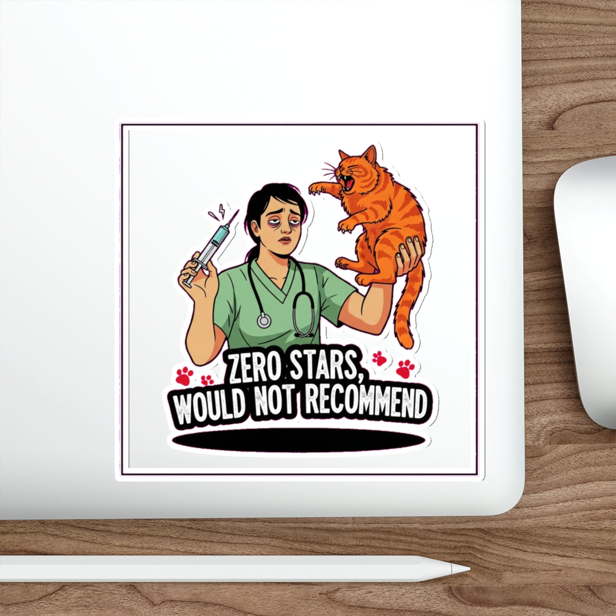 Vet Tech Dark Humor Sticker - Exhausted with Angry Cat - Funny Veterinary Gift