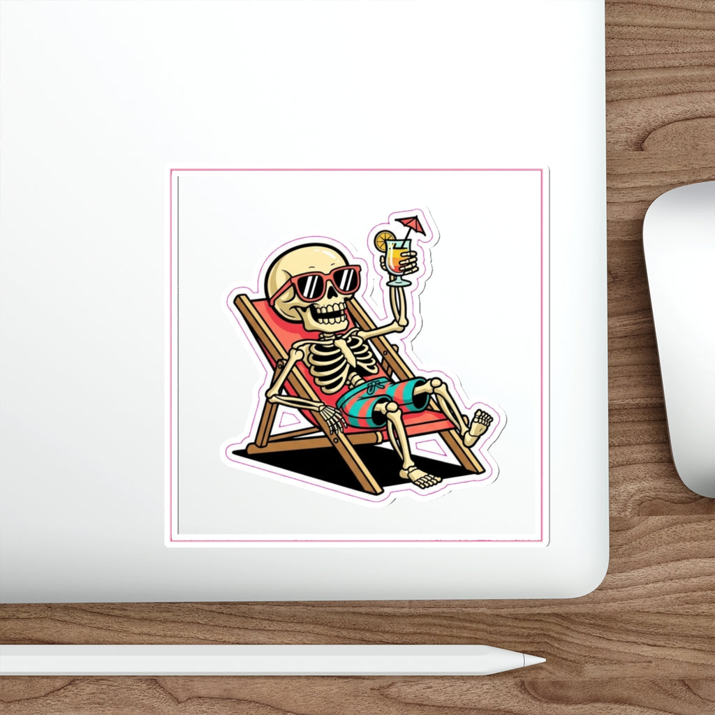 Beach Skeleton Humor Die-Cut Sticker | Retro Funny Summer Vinyl Decal