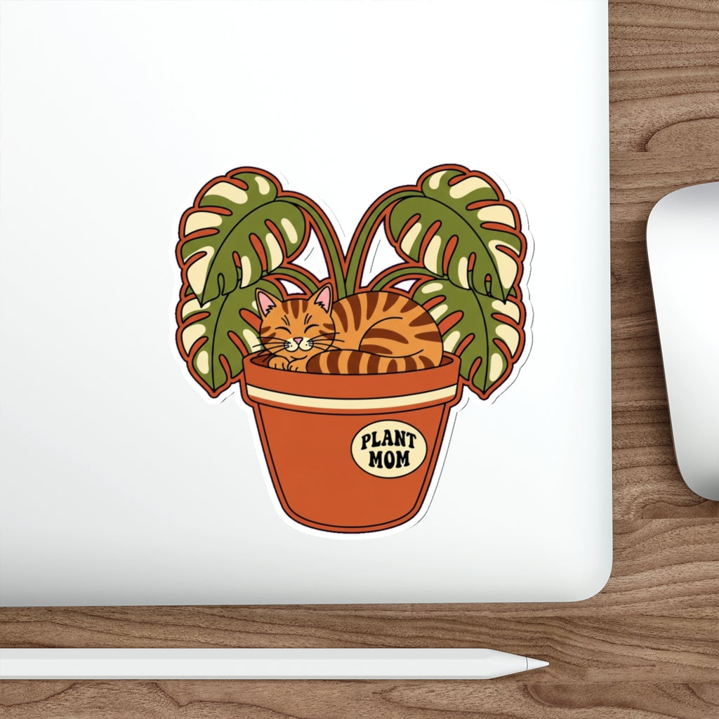 Plant Mom Cat Lady Sticker | Retro Botanical Tabby Cat in Pot Die-Cut