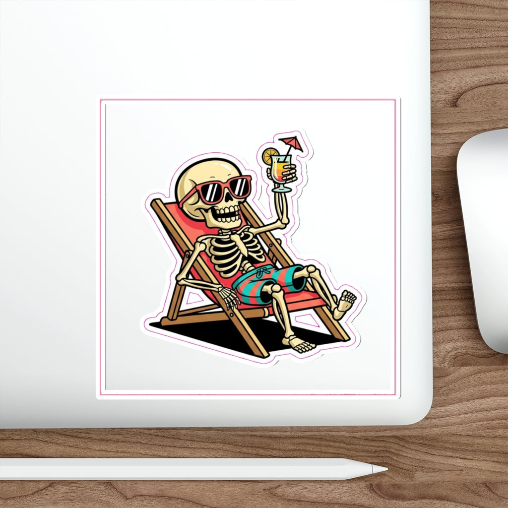 Beach Skeleton Humor Die-Cut Sticker | Retro Funny Summer Vinyl Decal